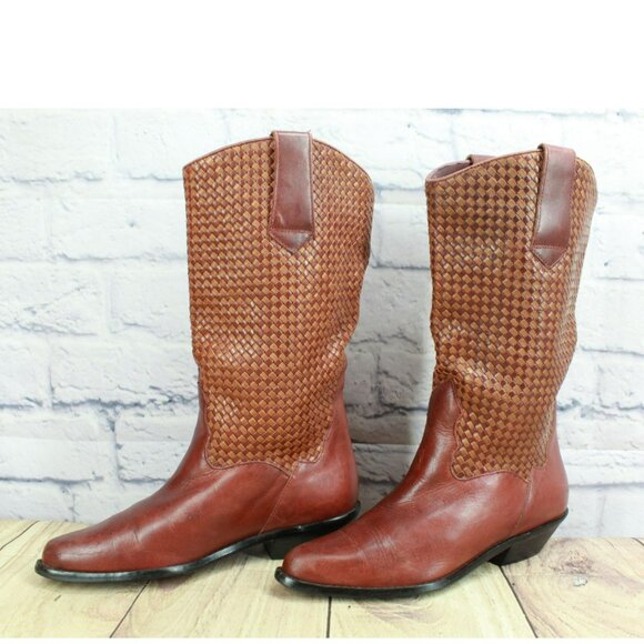 Vintage LL Bean Dingo Brown Braided Leather Western Pull-On Boots Size 6 M - Picture 2 of 10